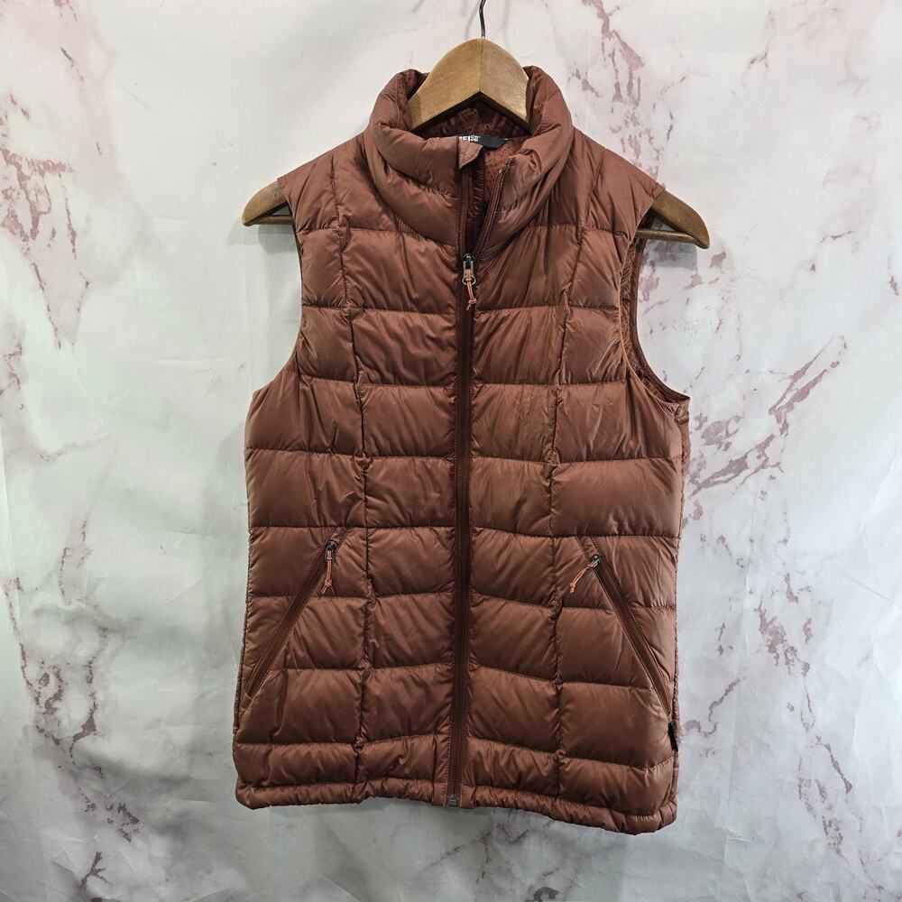 REI Vest Womens Small Brown Orange Copper Rust Down Puffer Longline 650 FP